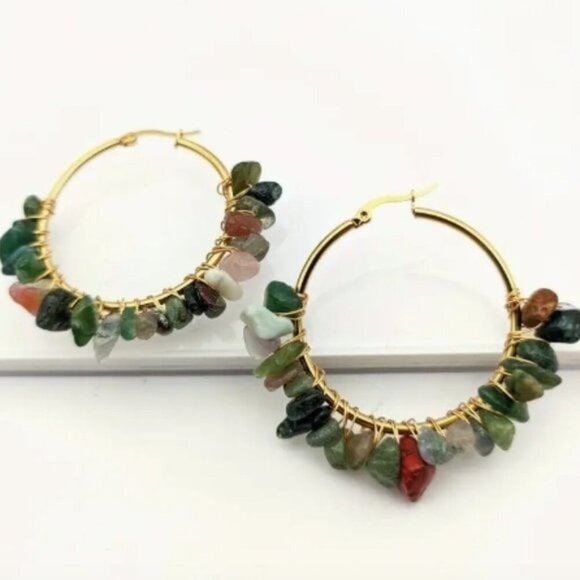18k Gold Plated Natural Stone Hoop Earrings - Picture 1 of 3